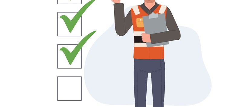 Check mark, construction site worker, Engineer with whitelist board. remind your checklist concept. Vector illustration