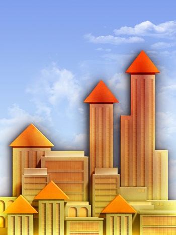 The skyline of a city becomes a graph showing increasing home prices. Digital illustration.