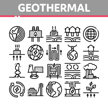 Geothermal Energy Collection Icons Set Vector. Geothermal Electricity Factory And House Heat Equipment, Geyser And Earth Temperature Concept Linear Pictograms. Monochrome Contour Illustrations
