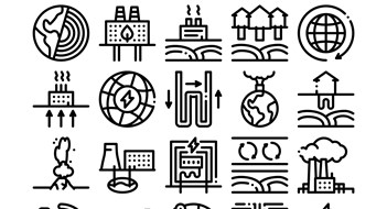 Geothermal Energy Collection Icons Set Vector. Geothermal Electricity Factory And House Heat Equipment, Geyser And Earth Temperature Concept Linear Pictograms. Monochrome Contour Illustrations