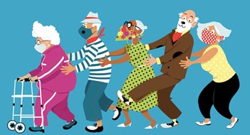 Rebuilding Community Group of active seniors dancing conga line and wearing protective non-medical facial masks to prevent spread of Covid-19, EPS 8 vector illustration
