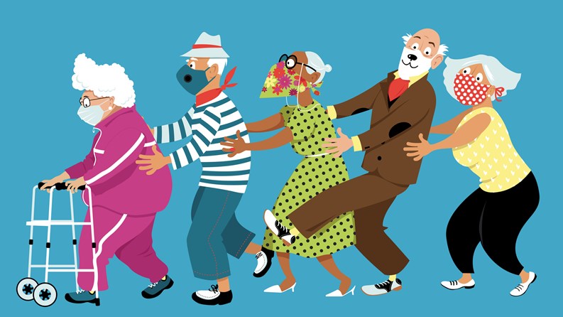 Group of active seniors dancing conga line and wearing protective non-medical facial masks to prevent spread of Covid-19, EPS 8 vector illustration