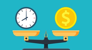 Time is money on scales icon. Money and time balance on scale. Weights with clock and money coin. Vector illustration in flat style