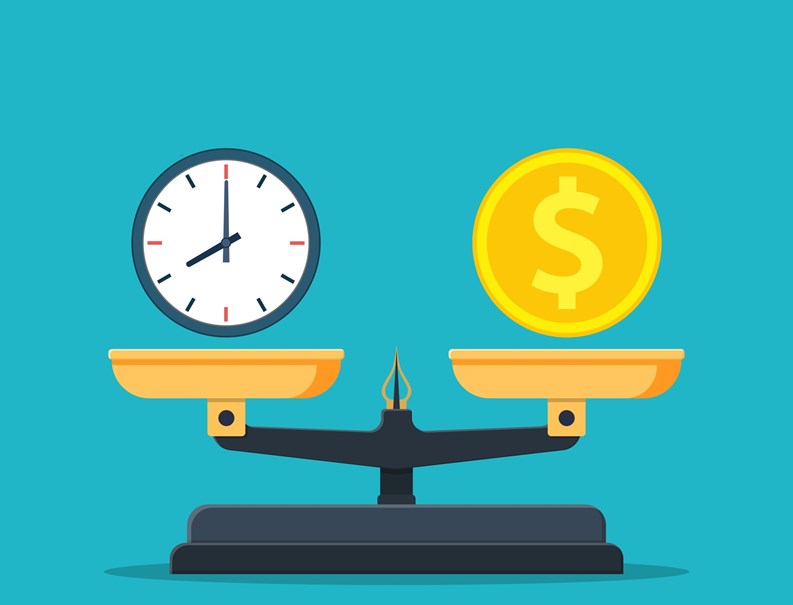 Time is money on scales icon. Money and time balance on scale. Weights with clock and money coin. Vector illustration in flat style