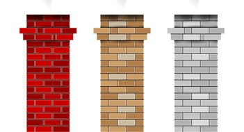 Brick fireplace chimney pipes. Vector smoke. Red, brown and white brick chimney. 3D vector illustration isolated on white.