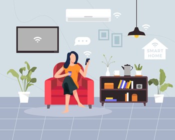 Concept of house technology system with wireless centralized control. Young woman sit on the sofa holding smartphone. Vector illustration in a flat style