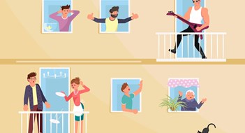 The Best (and Worst) Neighbors in America Men and women neighbours characters living in neighboring home apartments hear loud music. Flat Art Vector illustration