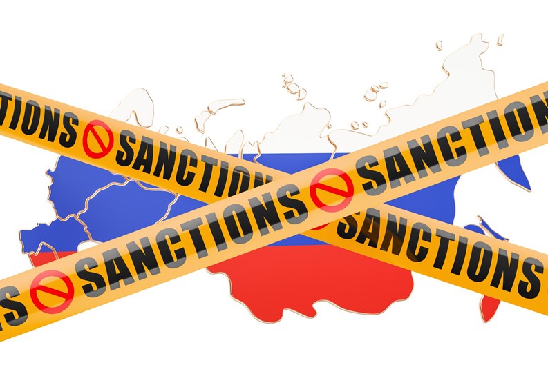 Sanctions concept with map of Russia, 3D rendering isolated on white background
