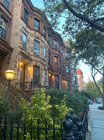 Brownstones in Bedford-Stuyvesant on a fall evening at twilight. - October 18, 2020, Brooklyn, NY