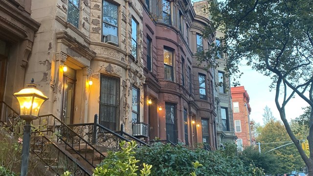 Brownstones in Bedford-Stuyvesant on a fall evening at twilight. - October 18, 2020, Brooklyn, NY