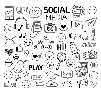 Doodle social media icons. Drawing symbols, website sketch art. Network or digital marketing, photo click arrow web vector set. Doodle sketch and internet drawing to social online illustration