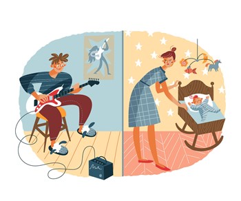 Loud noisy neighbour disturbing baby sleep. Problems in neighbouring apartments at home vector illustration. Young guy playing music on guitar, annoyed mother with little child in bed.