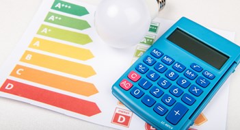 Energy efficiency rating chart, fluorescent light bulb and calculator