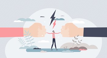 Dealing With Conflict in Co-ops & Condos Mediation as conflict compromise and solution management tiny person concept. Disagreement and fight communication settlement with help from third party vector illustration. Business deal conversation