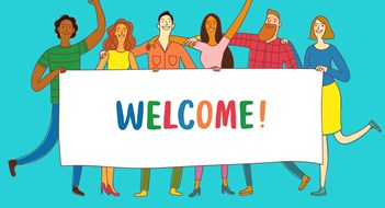 Orienting New Owners Group of six happy friends, boys and girls, holding big banner. Including Welcome title. Cartoon illustration for your design.