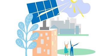 Cartoon showing solar panel on the roof of a multistory building with sun and urban skyline in background