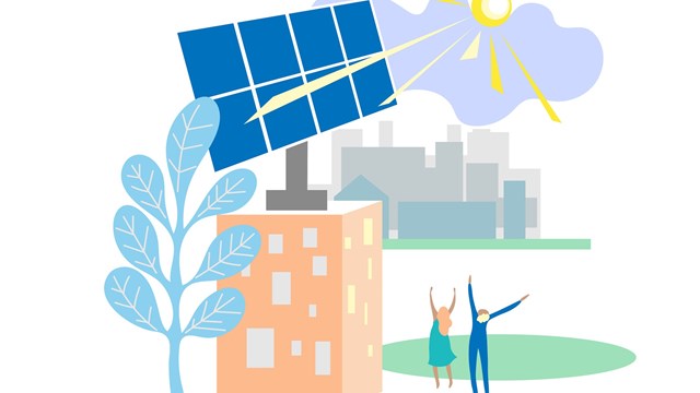 Cartoon showing solar panel on the roof of a multistory building with sun and urban skyline in background
