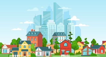 Condos, Co-ops, & Townhomes vs. Single-Family Cartoon showing single-family homes and small apartment buildings with tall skyscrapers in the distance
