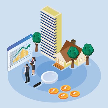 Illustration showing two people looking at a chart, comparing a high rise building with a suburban home 