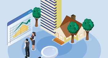 Illustration showing two people looking at a chart, comparing a high rise building with a suburban home 