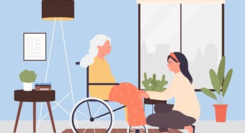 Home care services for elder people. Help of young female volunteer caregiver to old patient, disabled woman sitting in wheelchair flat vector illustration. Healthcare, retirement, disability concept
