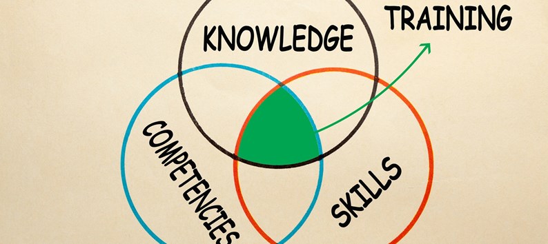 Venn Diagram of knowledge, skill and competency to explain the intersection of Training.