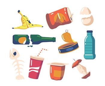 Set Different Garbage and Old Things Plastic Cup, Tin Can, Banana Peel, Apple Stub. Fish Bone, Yoghurt Pack, Broken Glass Bottle, Egg Shell, Trash Closeup, Used Packages. Cartoon Vector Illustration