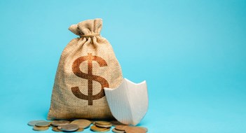 Safeguarding Your Reserves Bag with dollar symbol and protection shield. Concept security of money, guaranteed deposits. Client rights protection. Compensation for losses in inflation, safeguarded investment capital.