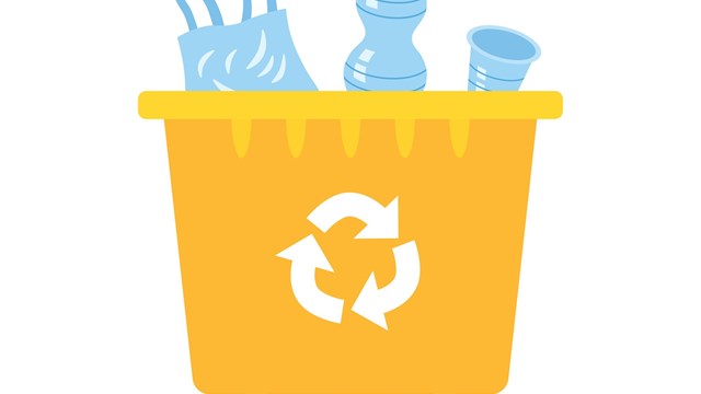 Yellow recycling garbage can or dumpster isolated full with plastic rubbish, wheelie trash bin flat vector illustration, waste management.