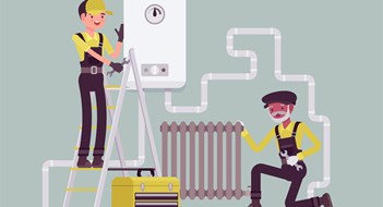 Heating Options for Multifamily Communities Plumbers service, inspection of plumbing work, pipe and radiator installing. Professional technicians team checking water heater installation, balancing radiator heating system. Vector illustration