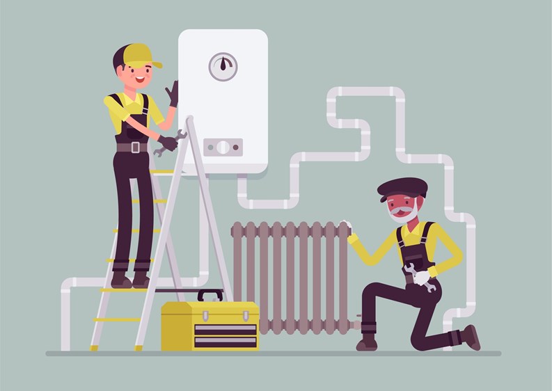 Plumbers service, inspection of plumbing work, pipe and radiator installing. Professional technicians team checking water heater installation, balancing radiator heating system. Vector illustration