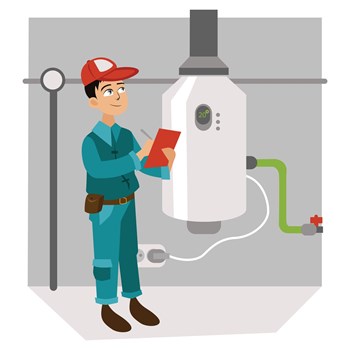 Inspector with checklist examines heating system poster. Cartoon man in uniform carefully inspections water heater in house vector illustration. Business card concept