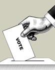 Hand putting voting paper in the ballot box. Vintage engraving stylized drawing. Vector illustration