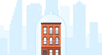 Old-fashioned house and city view silhouette. Brick building covered by glass dom. Rent control house concept. Rent stabilized apartment unit. Well preserved and protected property. Flat vecto