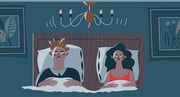 Loud noisy neighbours disturbing unhappy couple in bed. Problems in neighbouring apartments at home vector illustration. Young annoyed man and woman cannot sleep, fighting or quarrel.