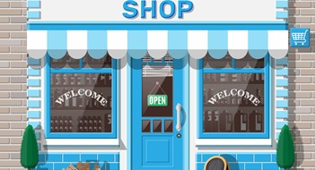 Empty store front with window and door. Wooden and brick facade. Glass showcase of boutique. Small european style shop exterior. Commercial, property, market or supermarket. Flat vector illustration