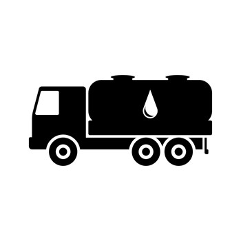 Oil tanker truck icon. Black silhouette on white background. Side view. Vector flat graphic illustration. 