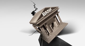 Bank Collapse and Banking Crisis or global credit system falling in debt as a financial instability or insolvency concept as an urgent business liquidity problem as a 3D illustration.