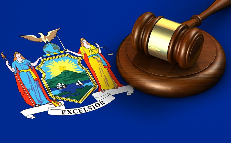 New York US state law, code, legal system and justice concept with a 3d render of a gavel on the New Yorker flag on background.