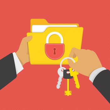 Flat illustration of security center. Yellow folder with lock and keys in the hands of man. Data protection, internet security flat illustration concepts.