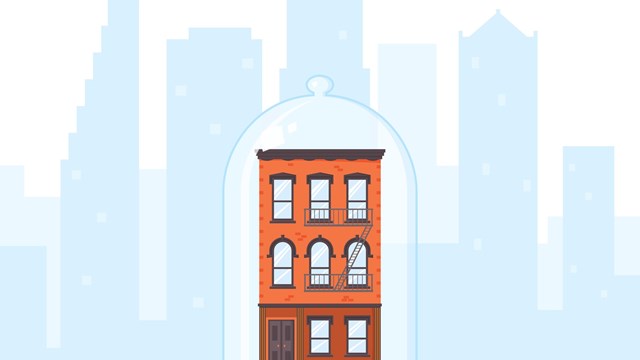 Old-fashioned house and city view silhouette. Brick building covered by glass dom. Rent control house concept. Rent stabilized apartment unit. Well preserved and protected property. Flat vecto