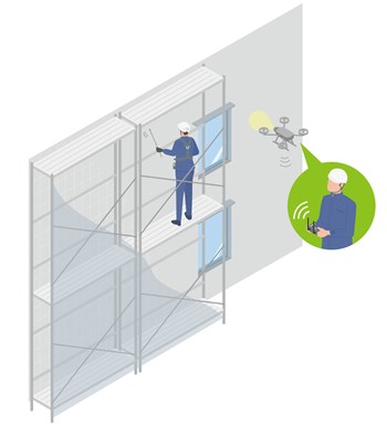 It is an isometric illustration comparing whether the exterior wall survey of a building or condominium is done by scaffolding or drone inspection.