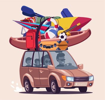 Summer vacation journey flat vector illustration. Road trip adventure. Family travelling by car with active rest equipment. Extreme sports accessories on vehicle roof top isolated on beige background
