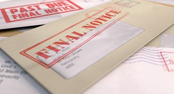 A 3D render of a scattered stack of regular envelopes with delivery stamps and a clear window and the top one saying payment due symbolizing bills and debt on an isolated white background