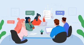 Q&A: Co-op Annual Meeting Requirements A flat vector illustration of a coworking meeting in the office and working on a project, showing the presentation, data, research, etc.