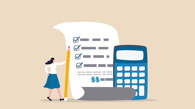 Project cost estimation, calculate budget or resources to finish work, financial plan, invoice or tax, expense or loan concept, businesswoman with calculator estimate cost from project document.