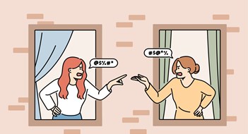 Angry women look out of house windows quarrelling. Furious female neighbors fight or argue living next doors. Vector illustration.