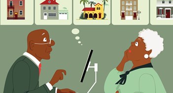 Downsize....or Rightsize? Senior black couple sitting with a computer and calculator, considering different housing options, Vector illustration, no transparencies, EPS 8