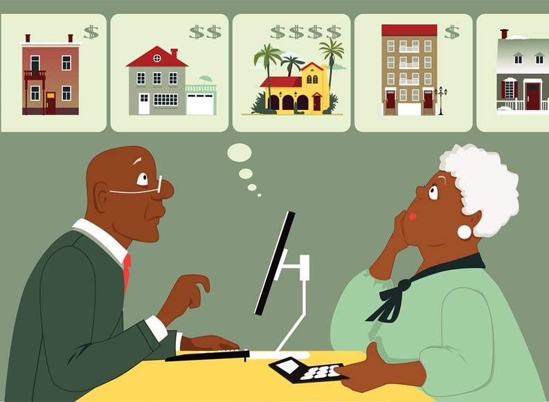Senior black couple sitting with a computer and calculator, considering different housing options, Vector illustration, no transparencies, EPS 8