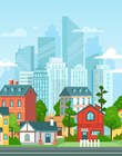 Suburban landscape. Urban architecture, small and big city buildings. Suburbans houses cartoon vector illustration. Countryside, suburbs with private cottages with cityscape on background